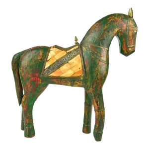 Vintage Tall Solid Wood Carved Horse Embellished With Copper and Brass Accents Figurine