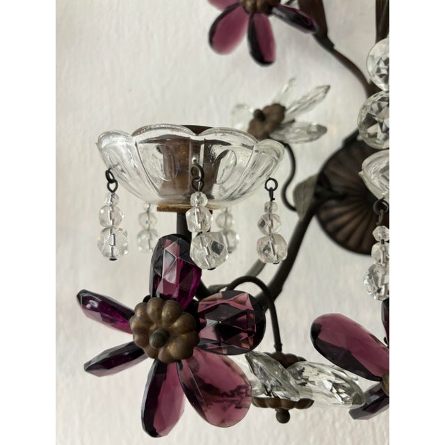 Set of 8 Clear & Amethyst Flower Maison Baguès Crystal Flower Sconces Signed For Sale - Image 11 of 12