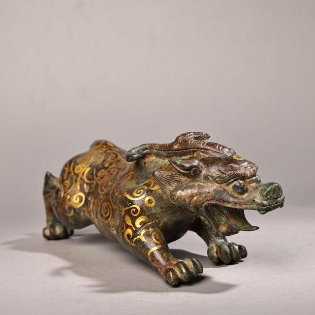 Antique Gilt Bronze Mythical Beast Sculpture – 9.4" Gold Inlaid Guardian Figure For Sale - Image 4 of 9