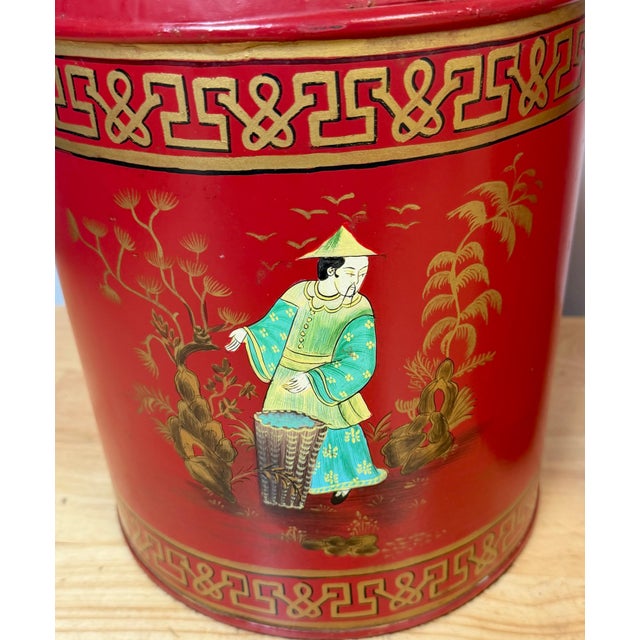 Pair English Chinoiserie Red Tole & Gilt Painted Tea Caddy Lamps, 20th Century For Sale In West Palm - Image 6 of 14