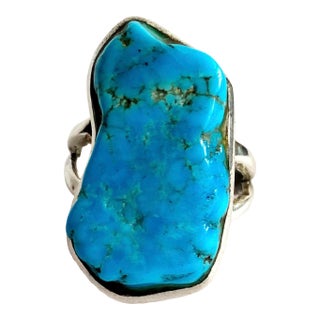 * Organic Genuine Arizona Blue Turquoise Statement Ring in Sterling Silver, Vintage Estate, Size 7 For Sale