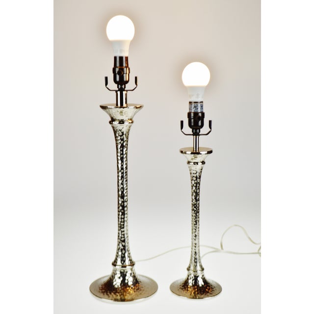 Vintage Silver Colored Hammered Metal Candlestick Style Table Lamps a