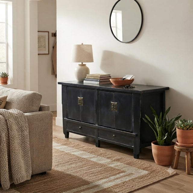 Vintage Distressed Black Hardware Credenza Console Sideboard Cabinet For Sale In San Francisco - Image 6 of 17