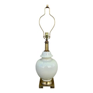 Hollywood Regency Porcelain Ginger Jar Lamp Greek Key Solid Brass Base For Sale