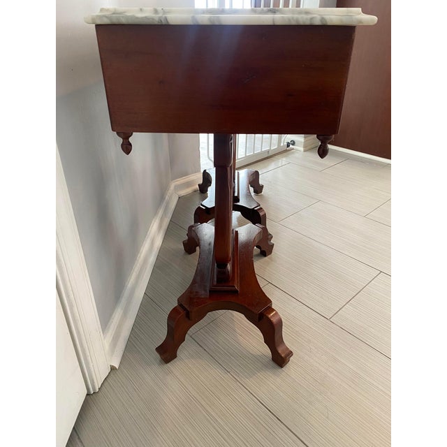 Mid 19th Century Victorian Mahogany Marble Top Harp Lyre End Tables