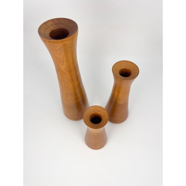 1980s Vintage MCM Set of 3 Turned Wood Tapered Candle Holders For Sale - Image 5 of 8