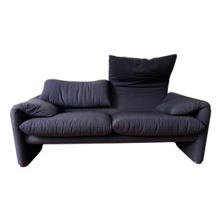 Vico Magistretti Navy / Black 2-Seater Loveseat Maralunga Sofa Cassina Italy 80s For Sale
