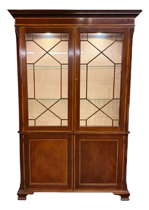 Late 20th Century English Chippendale Style Mahogany Inlaid Lighted Bookcase Cabinet, Circa 1980