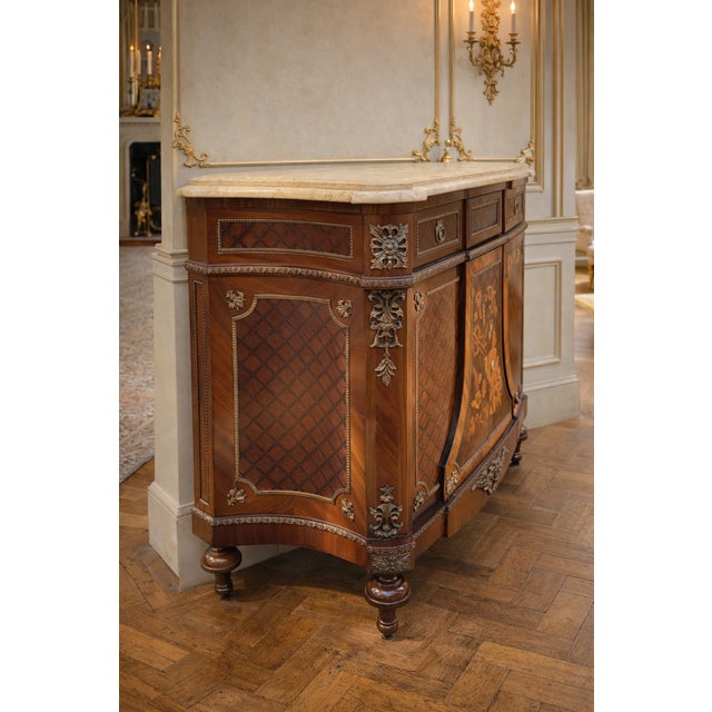French 1880 French Louis XVI Mahogany Marble Bahut Cabinet For Sale - Image 3 of 14