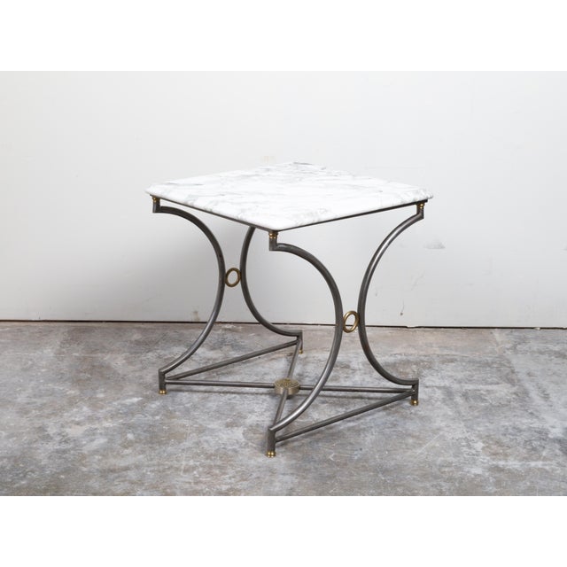 French Mid-Century Steel and Bronze Console Table with White Veined Marble Top For Sale - Image 4 of 12