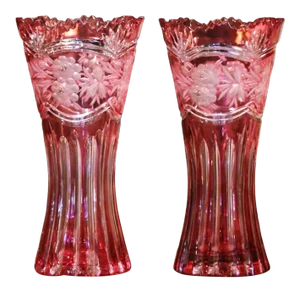 Mid-Century French Cut Crystal Trumpet Vases With Frosted Floral Motifs - a Pair