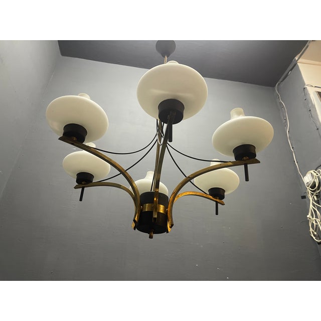 Vintage Brass and Opaline Glass Six-Light Chandelier, 1950s For Sale - Image 11 of 12