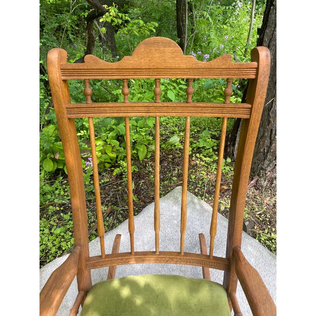 Antique Victorian Early Mission Style Spindle Back Rocking Chair W Upholstered Seat For Sale - Image 6 of 12