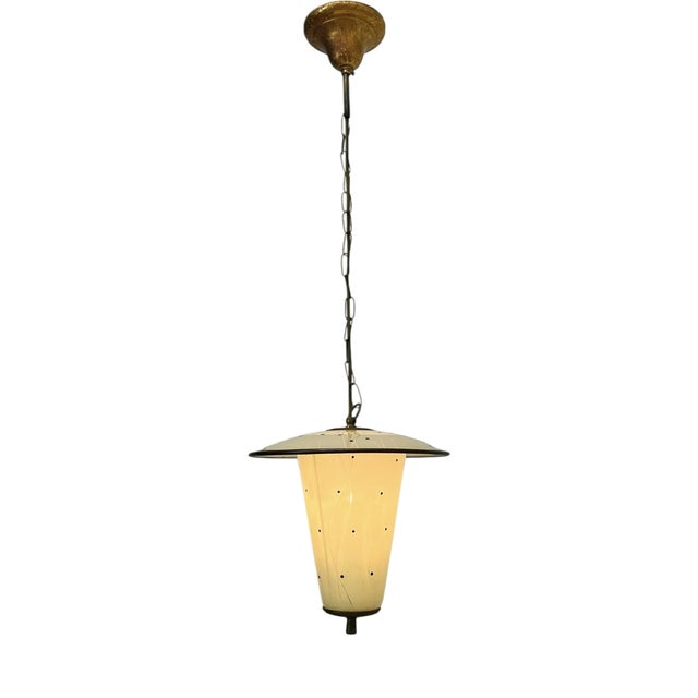 French Lantern Pendant Lamp Glass and Copper, 1950s For Sale