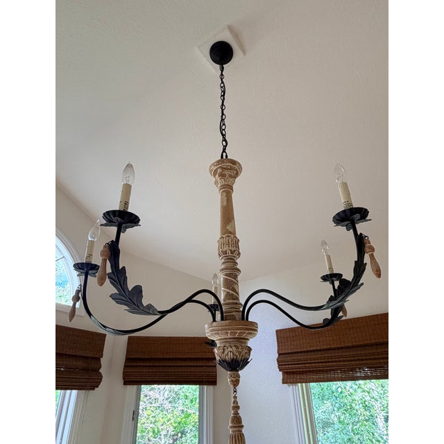 Metal Spanish Colonial Style Iron & Carved Wood Five-Light Chandelier For Sale - Image 7 of 9
