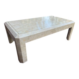 Vintage Tessellated Travertine Stone and Brass Coffee Table Attributed to Maitland-Smith Karl Springer, 45" X 27" For Sale
