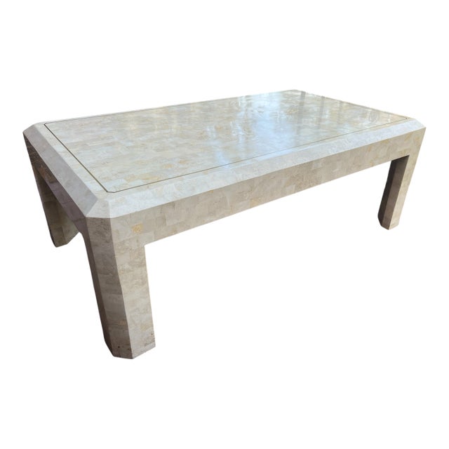 Vintage Tessellated Travertine Stone and Brass Coffee Table Attributed to Maitland-Smith Karl Springer, 45" X 27" For Sale