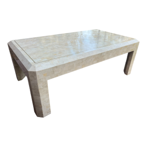 Vintage Tessellated Travertine Stone and Brass Coffee Table Attributed to Maitland-Smith Karl Springer, 45" X 27"