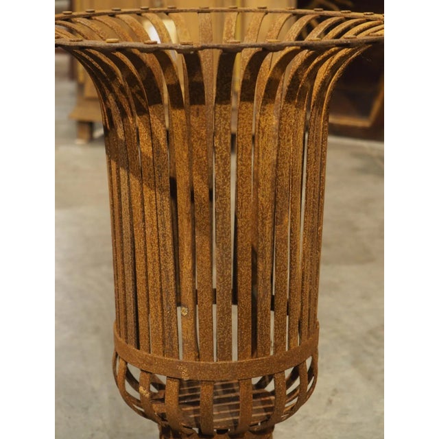 Pair of Vintage Weathered Iron Basket Form Urns From France, 20th Century For Sale In Dallas - Image 6 of 12