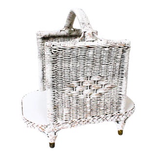 19th C. Extra Large French Distressed Woven Wicker Magazine Rack 21" For Sale