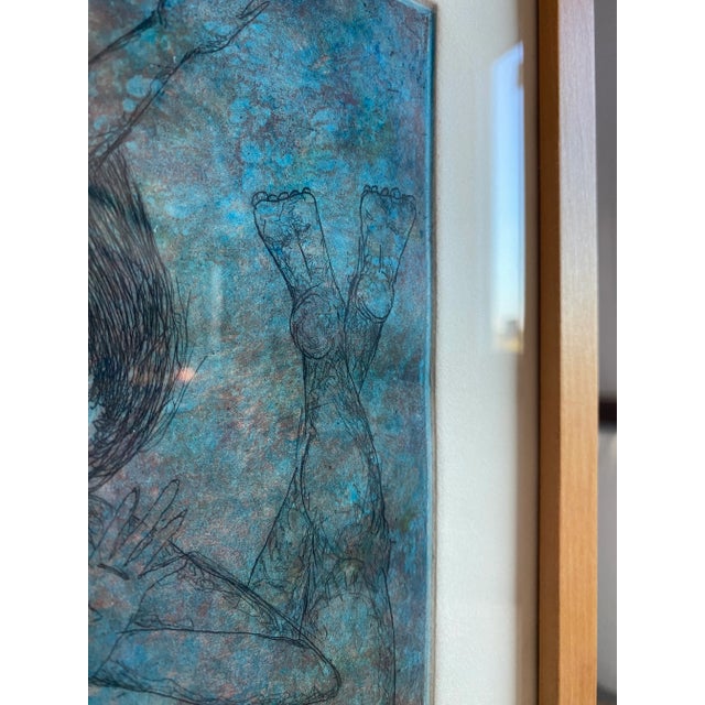 Ethereal Swimming Figures Etching in Blonde Hardwood Frame For Sale - Image 6 of 8