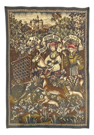 Aubusson Style Medieval Jacquard Tapestry with Deer Chase, 1960s