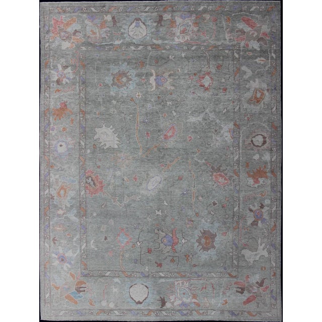 Large Turkish Oushak Reproduction Rug in Light Green Made With Hand Spun Fine Wool For Sale - Image 13 of 13