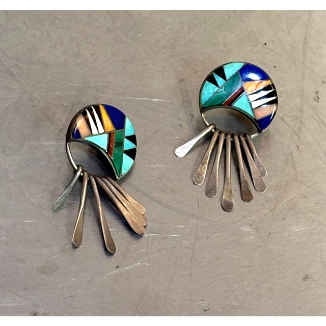 Calvin Begay Navajo Sterling Silver Turquoise/Semiprecious Disc Earrings For Sale - Image 4 of 5
