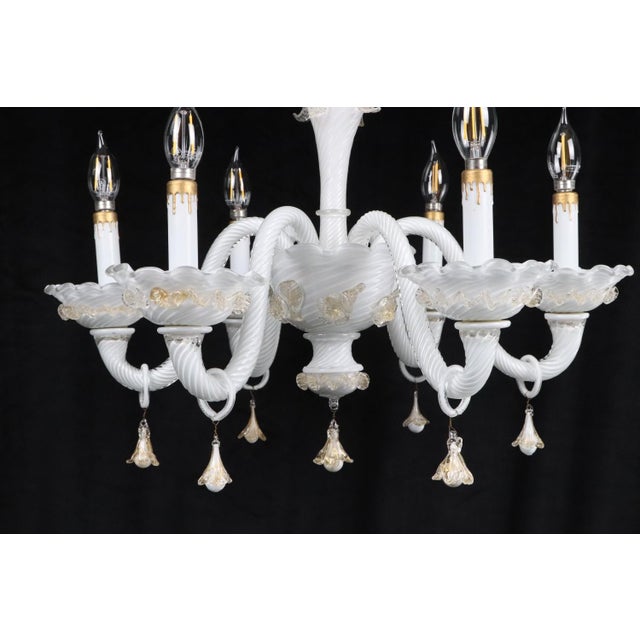 Vintage White Glass Gold 6 S Arm Chandelier For Sale - Image 4 of 16