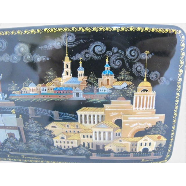 Russian Kholuy Panoramic Saint Petersburg Hand Painted Lacquer Casket Box Signed For Sale - Image 14 of 16