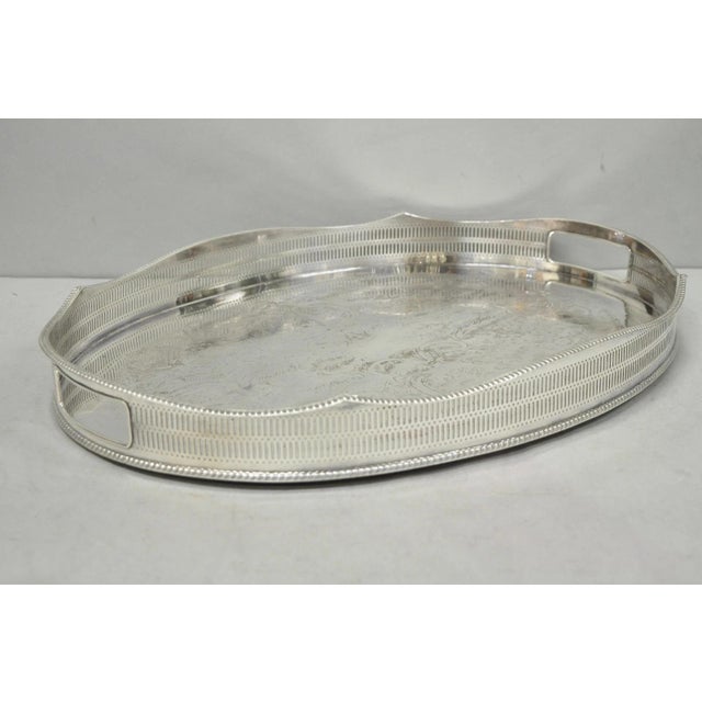 Vintage English Edwardian Silver Plated Oval Scalloped Gallery Bar Platter Tray For Sale - Image 13 of 18