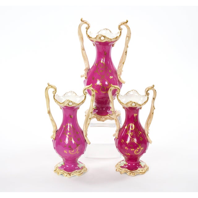 Antique English Porcelain Gilt & Painted Three-Piece Urn / Vase Garniture Set For Sale - Image 4 of 10