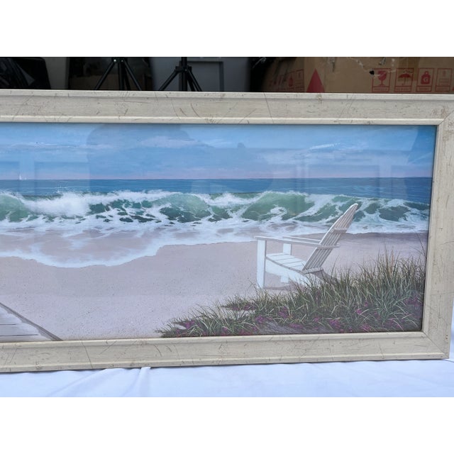 Beautiful vintage beach scene art print by Jacqueline Penney. This framed in washed textured frame. Peaceful serene beach...