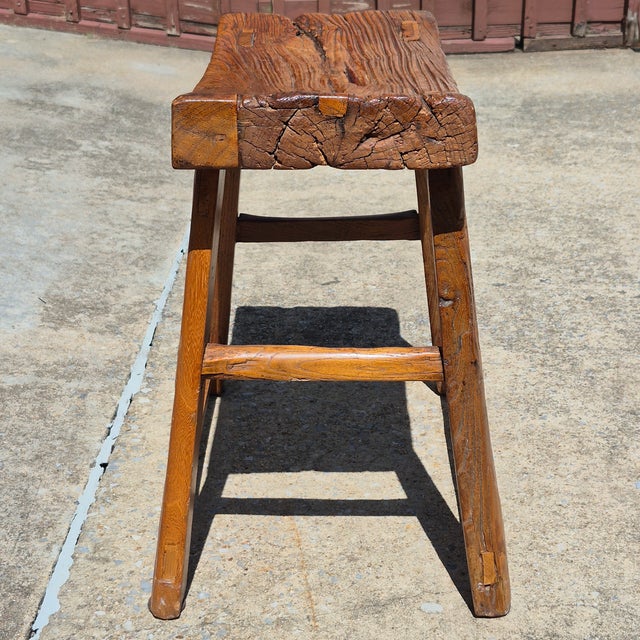 Wood Vintage Rustic Asian Hand-Hewn Elm Wood Saddle Seat Low Stool For Sale - Image 7 of 10