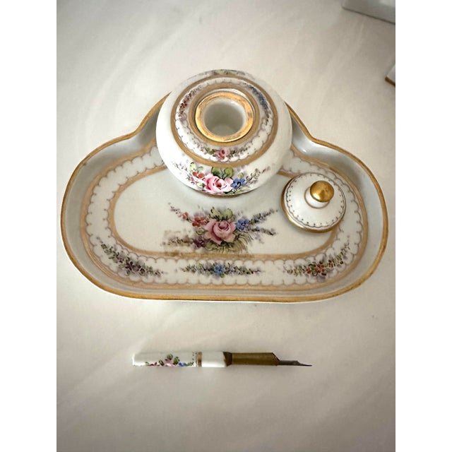 Exquisite 6 pc hand painted French desk set. Includes tray, inkwell , pen , stamp box, letter holder and shell dish ....
