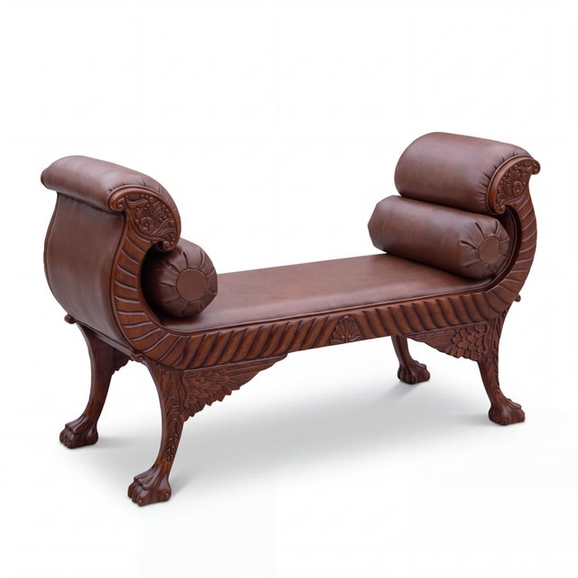 20th-C. Empire Regency Style Carvec Mahogany and Leather Bench Ottoman For Sale - Image 4 of 8