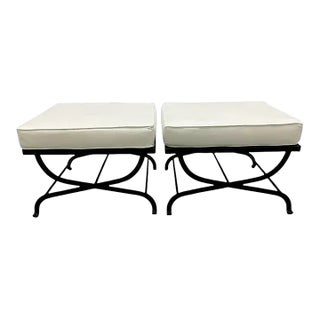 Pair Iron Lattice Top Curule Style Ottomans For Sale