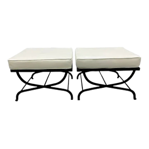 Pair Iron Lattice Top Curule Style Ottomans