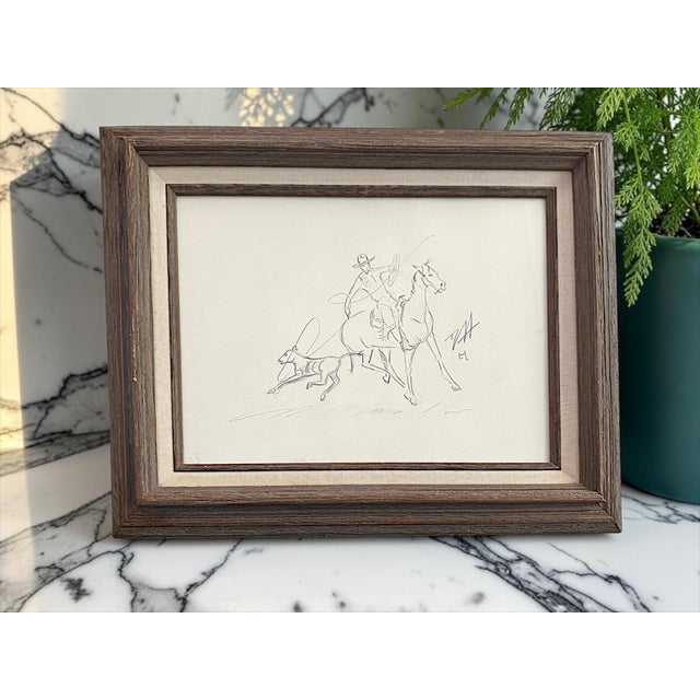 Figurative Signed Vintage Pencil Sketch of Cowboy & Calf From Santa Ynez Valley - California Ranch Art For Sale - Image 3 of 7