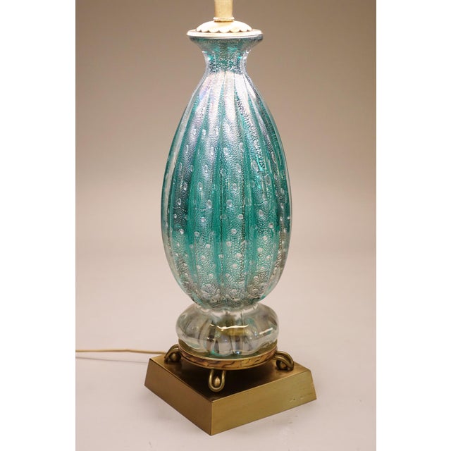 Rare Large Turquoise "Costolato" Barovier Toso Murano Italy Thick Bubble Blown Art Glass Brass Table Lamp 1960s For Sale - Image 10 of 14