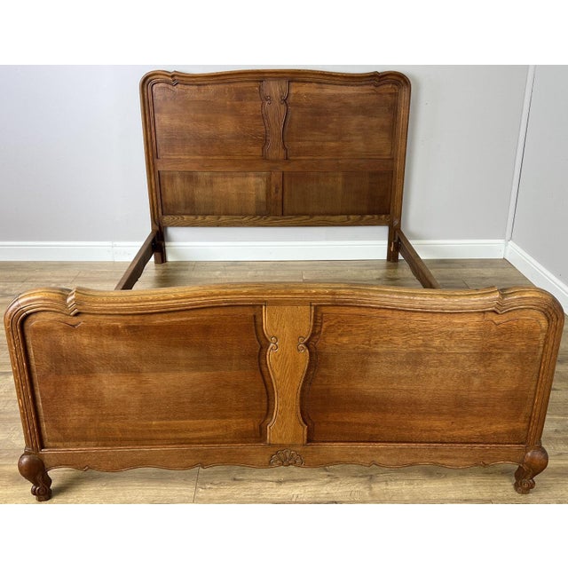 Vintage French Louis XVI Oak Double Bed Frame with Carved Headboard For Sale - Image 11 of 11