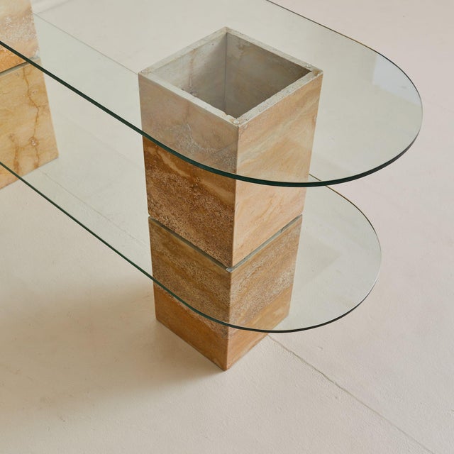 Italian Two-Tier Pill Shaped Glass + Travertine Console, 1970s For Sale In Chicago - Image 6 of 8