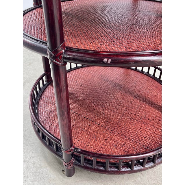 Wood Vintage Tiered McGuire Bamboo and Rattan Table or Cart on Brass Casters For Sale - Image 7 of 8