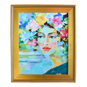 Dreamy Floral Lady Portrait Oil Painting Including the Antiqued Gold Wood Frame