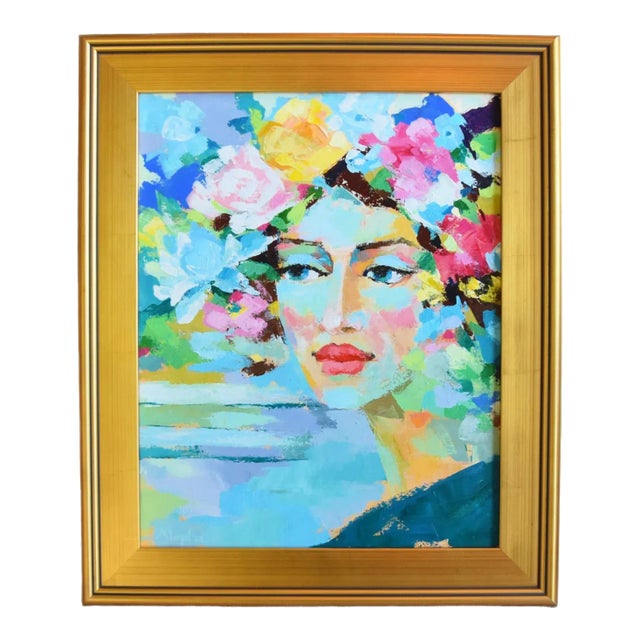 Dreamy Floral Lady Portrait Oil Painting W/ Antiqued Gold Wood Frame For Sale