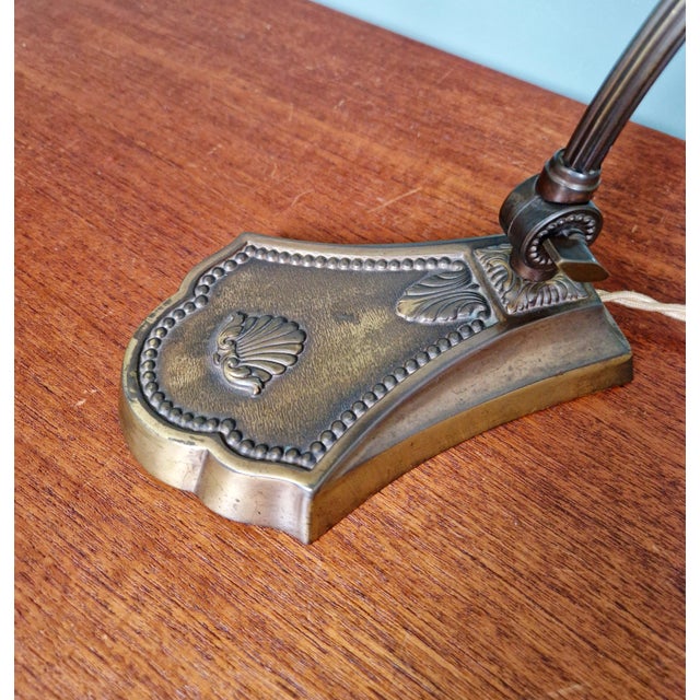Metal Articulated Brass Bankers Lamp with Green Opaline Shade, 1920s For Sale - Image 7 of 18