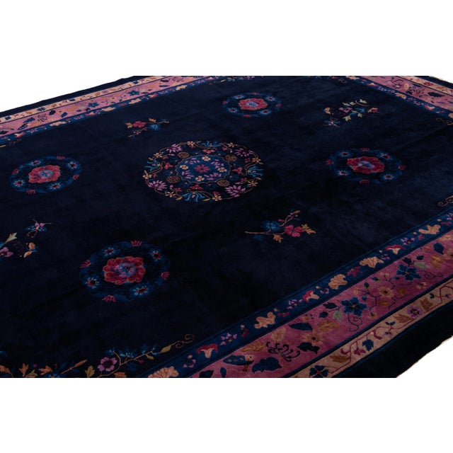 Art Deco Antique Art Deco Dark Indigo Chinese Wool Rug 9 Ft X 11 Ft 10 In. For Sale - Image 3 of 13