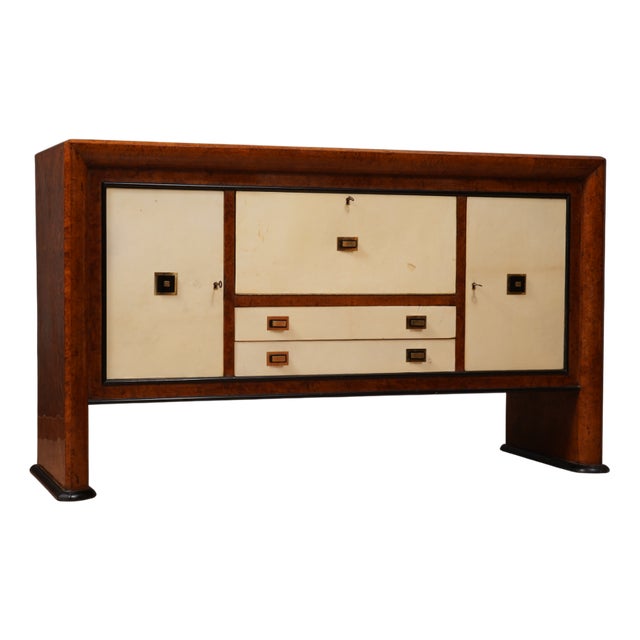Art Deco Walnut Root Goatskin and Brass Italian Sideboard, 1940s For Sale