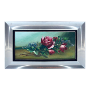 Antique Juan Gil Garcia Floral Still Life Oil Painting on Canvas, Silvered Frame