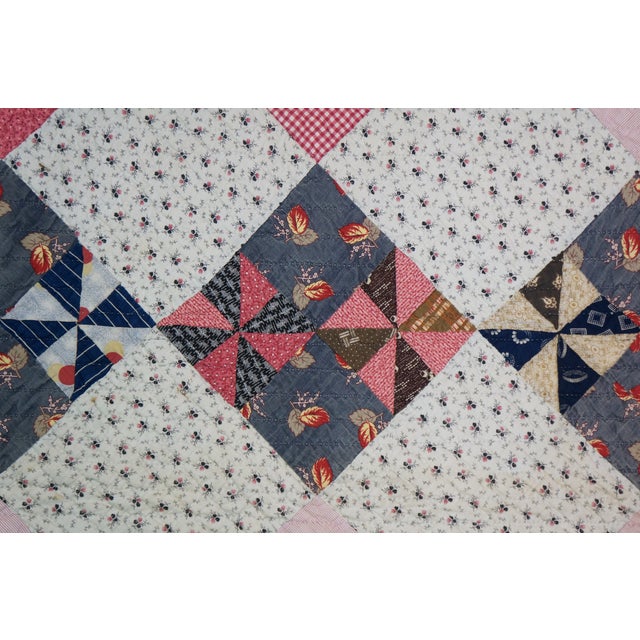 Navy Blue Vintage Handmade American Pinwheel Variant Postage Stamp Patchwork Quilt 76" For Sale - Image 8 of 12